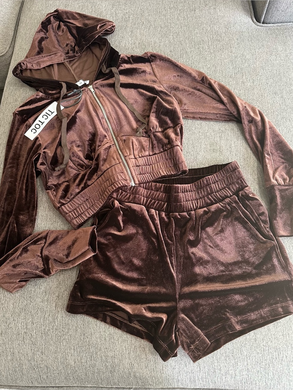TIC TOC Cropped Brown Velvet Hoodie & Shorts Set - Picture 1 of 6